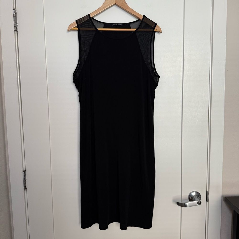 Eileen Fisher Shift Dress Sz L Black Silk Mesh Panel Sleeveless Event Elegant